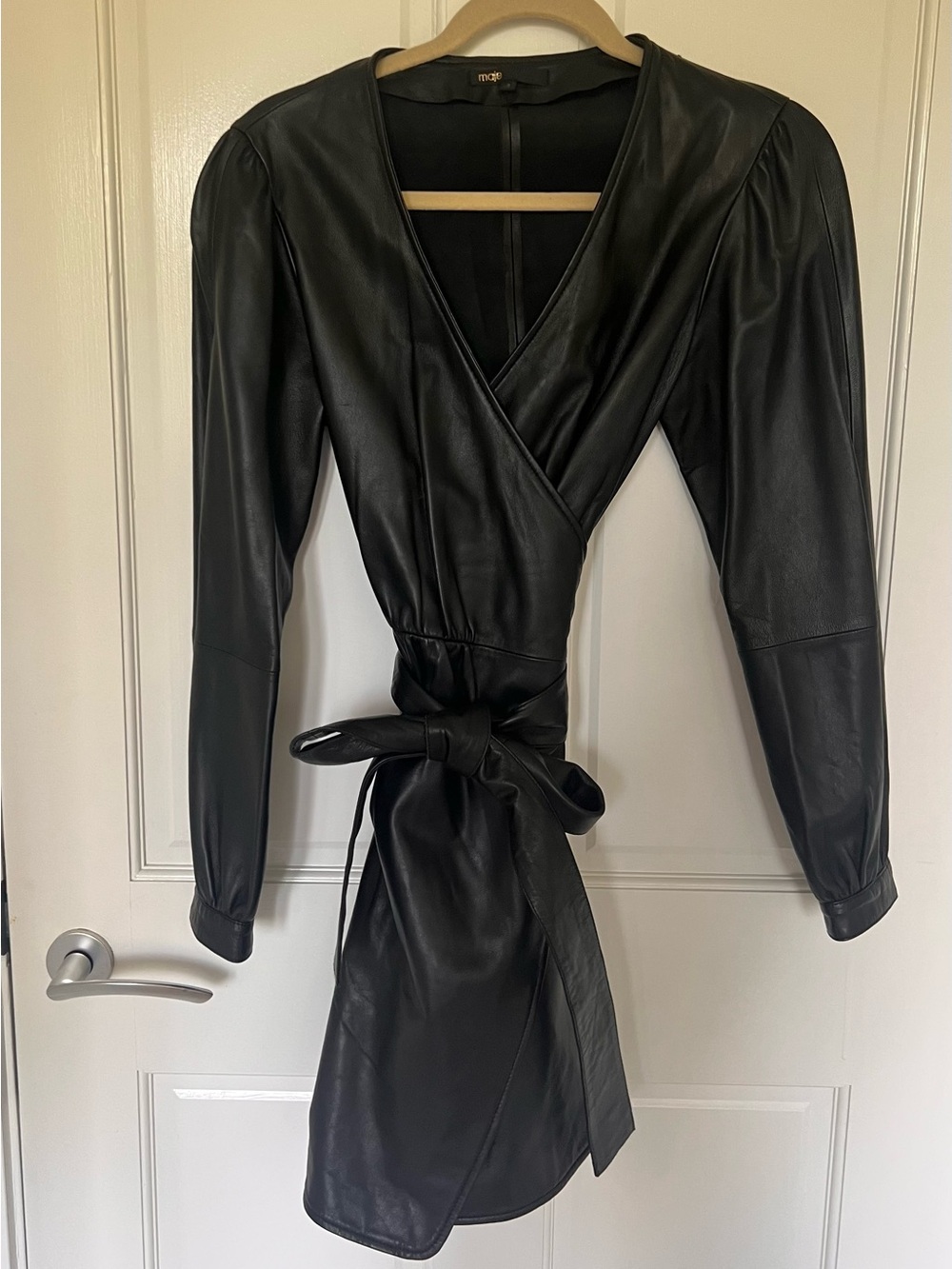 Maje Black Faux Leather V-Neck Wrap Top